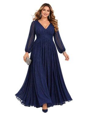 Glitter Long Sleeve A-Line Formal Gown Plus Size Evening Dress